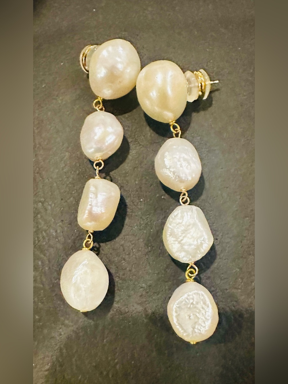 New Long Large 10K Gold Earrings Long dangly natural pearl solid gold earrings - Picture 4 of 5